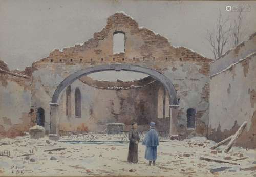 Lina BILL (1855-1936) Soldat et Curé sous une église en ruin...