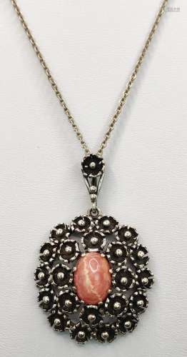 Pendant, centered pink and banded cabochon, set with flowers...