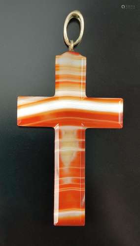 Large agate cross, as pendant, brown/orange/white, metal eye...