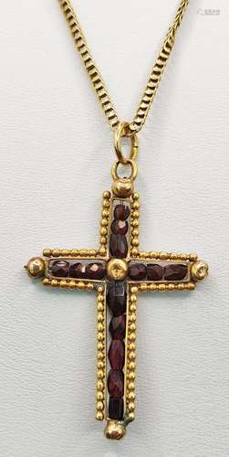 Cross as pendant on chain, inside on metal band set with irr...