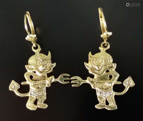 Earrings, pendant as devil with trident, 585/14K yellow gold...