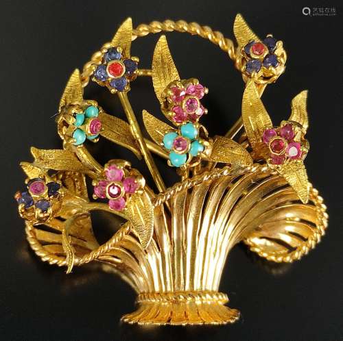 Exceptional brooch as flower basket, with eight movable flow...