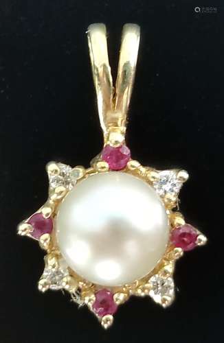 Pendant, center pearl, around it small diamonds and rubies, ...