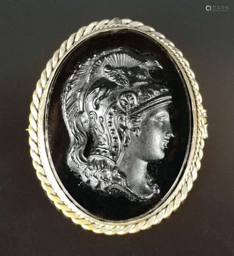 Antique onyx brooch, cameo of Minerva/Athena in profile, set...