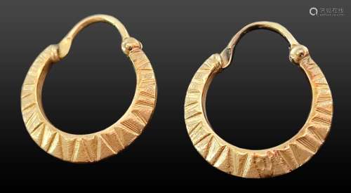 Pair of hoop earrings, rail widened to the center, decorated...