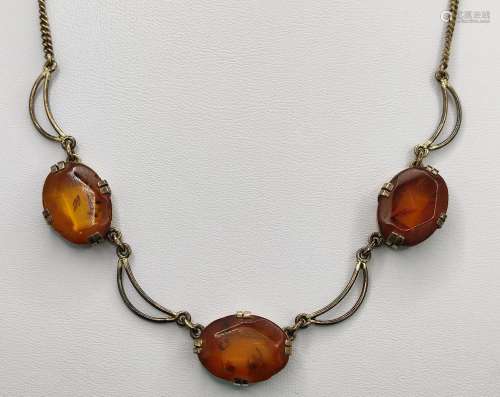 Amber necklace, with three oval amber stones, silver 925, go...