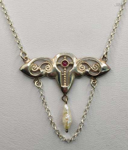 Ruby necklace, open worked middle part with small natural ru...