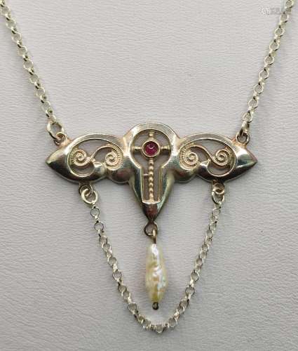Ruby necklace, open worked middle part with small natural ru...