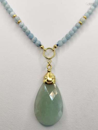 Aquamarine necklace with aquamarine drop pendant, round poli...