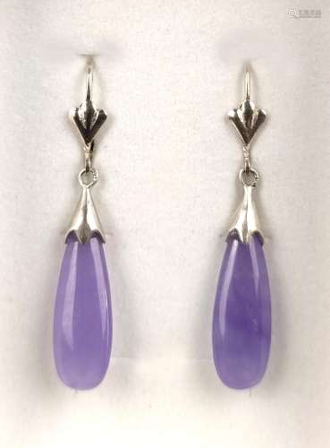 Earrings with lavender jade, hinged earwire with fanned fini...
