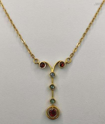 Aquamarine necklace, middle part set with three genuine, tes...