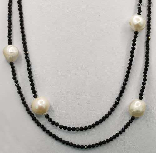 Long designer spinel necklace with South Sea pearls, polygon...