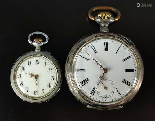 Two pocket watches, larger one with small second, Roman numb...