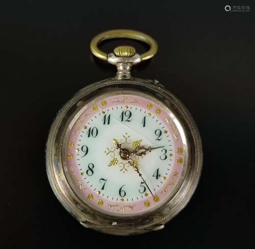 Small pocket watch, dial with Arabic numbers, pink rim decor...