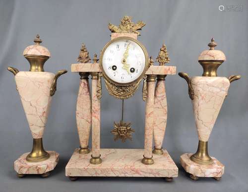 Portal clock garniture, pink marble with distinct veins, rou...