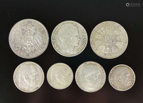 Mixed lot of 7 silver coins, 20 Francs 1938, 100 Schilling 1...