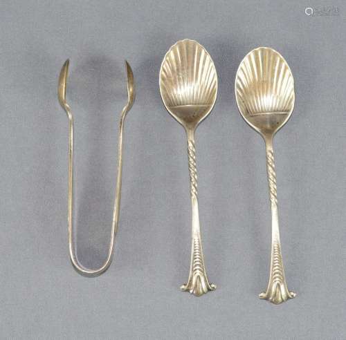 3 pieces English silver, consisting of two ribbed mocca spoo...