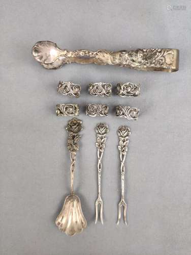Silver lot, 6 napkin rings and four 4 other silver pieces (s...