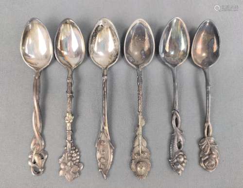 6 mocca spoons, with various finials, including lily of the ...