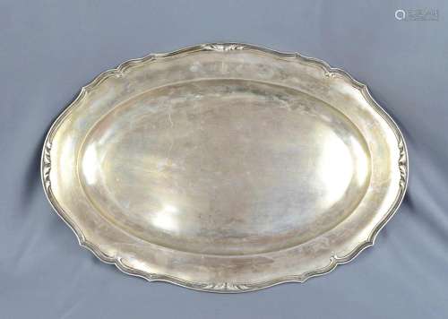 Large tray, oval form with curved rims and leaf ornamentatio...