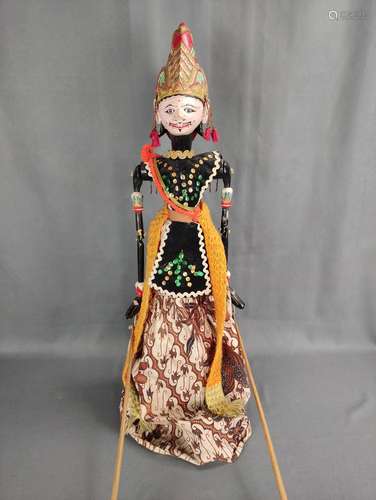 3 Wayang-Golek dolls, Indonesian stick dolls, one female and...