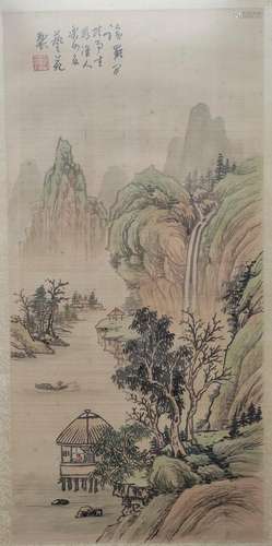 Silk painting, polychrome mountainous landscape with waters ...