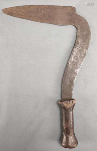 Throwing iron in the shape of a sickle, iron, wooden handle,...