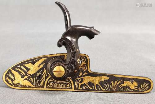 Percussion lock, mounted cock with brass screw, base chased ...