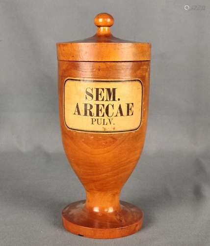 Apothecary vessel, on round base and with lid, labelled 