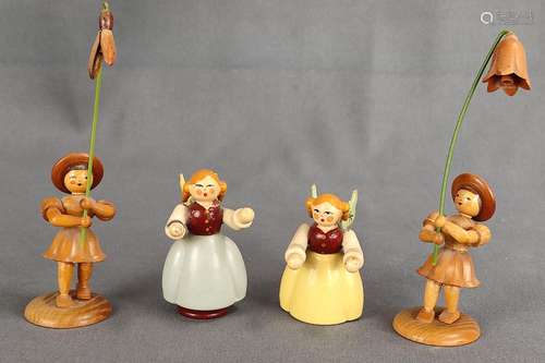 Four wooden figures, two flower children, h 13 cm, two angel...