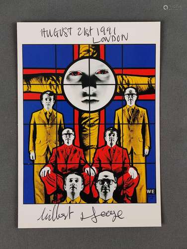 Gilbert & George, signed art postcard, shows an artwork of G...