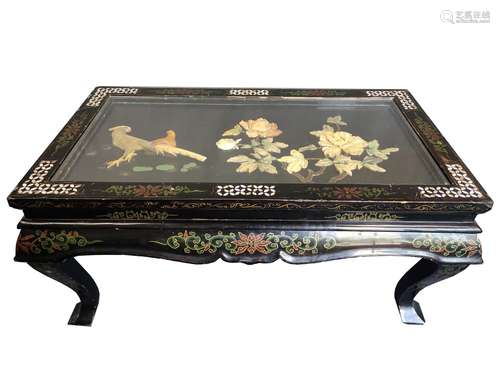 Table, low rectangular top, on four curved legs, richly inla...