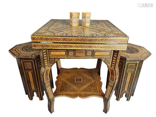 Backgammon game table with two stools in Moorish style, wood...