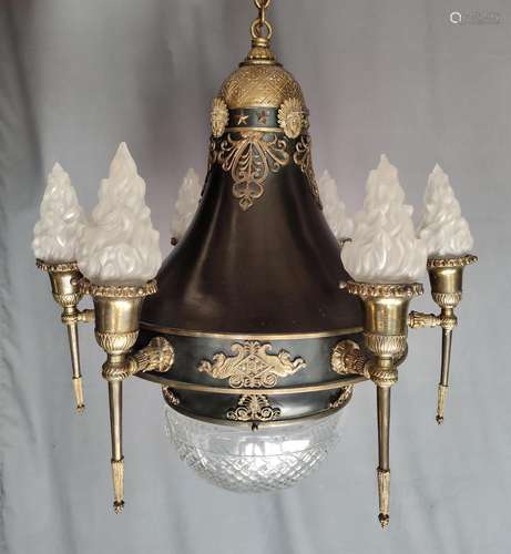 Large ceiling chandelier, 6-flames with frosted glass tops, ...