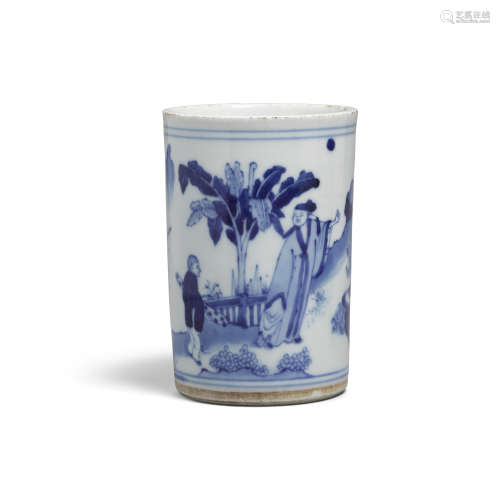 A small blue and white porcelain brush pot