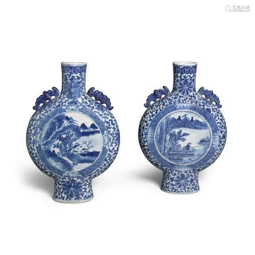 A pair of blue and white porcelain moon flask vases