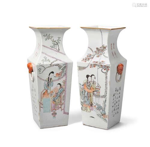 A pair of Square polychrome enameled vases