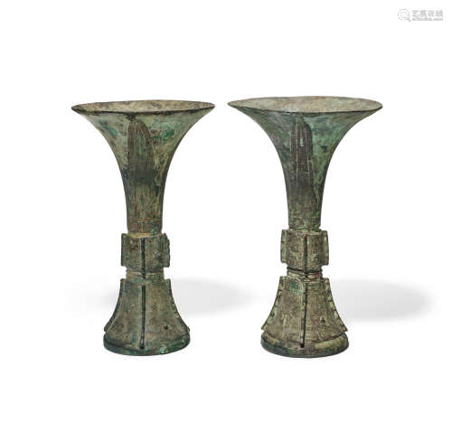 Two Archaic Bronze Ritual Wine Vessels, Gu