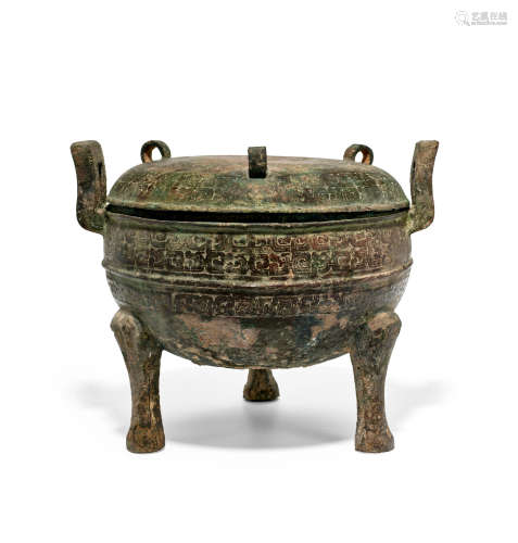 An Archaic Bronze Tripod Vessel and Cover, Ding