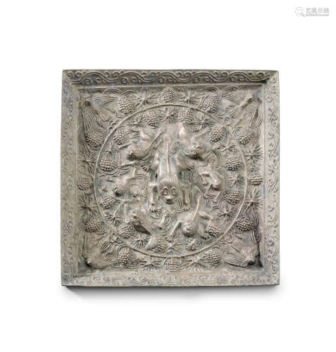 A rare large silvered-bronze square 'lion and grapevine' mir...