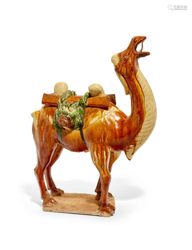 A Sancai-glazed buff pottery camel with saddle bags