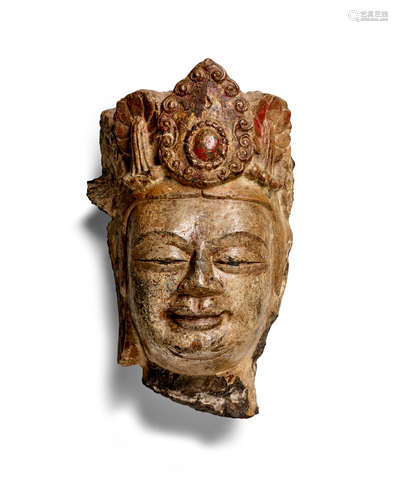 A RARE PAINTED LIMESTONE HEAD OF A BODHISATTVA