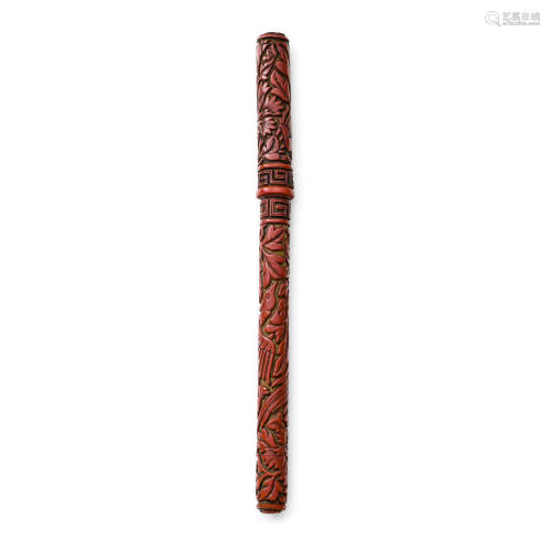 A cinnabar lacquer cylindrical 'bird and peony' brush and co...