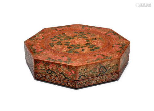 A Large Painted and incised brown lacquer octagonal box and ...
