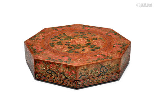 A Large Painted and incised brown lacquer octagonal box and ...