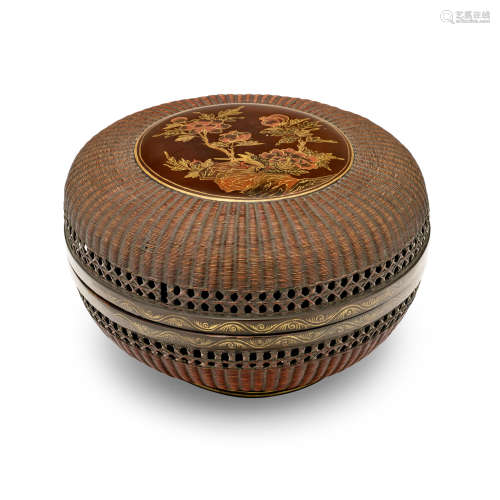 A Ryukyuan painted black lacquer and 'basket-weave' domed ci...