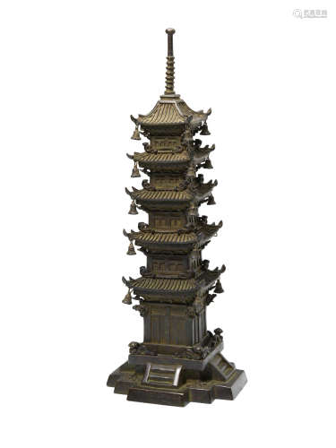 A bronze model of a five-tier pagoda censer on stepped stand