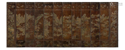 A twelve-panel Coromandel brown lacquer 'West Lake' screen
