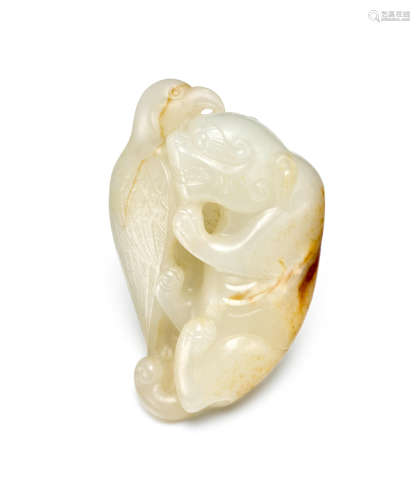 A white and russet jade pebble carving of a 'Bear and hawk'