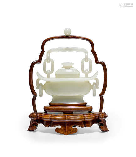 A white jade lidded basket-form cabinet vase